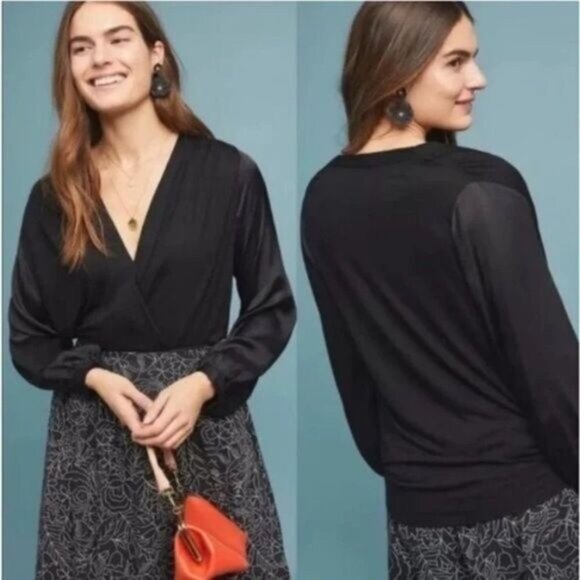 ANTHROPOLOGIE NWOT Kesia Faux Wrap Drape Surplice Satin Sleeve Top Sz XS - Picture 1 of 15